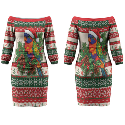 Aussie Rainbow Lorikeets Christmas Couples Matching Off The Shoulder Long Sleeve Dress and Long Sleeve Button Shirt Festive Knitted Pattern Inspired