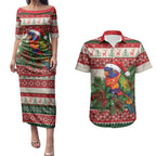 Aussie Rainbow Lorikeets Christmas Couples Matching Puletasi and Hawaiian Shirt Festive Knitted Pattern Inspired