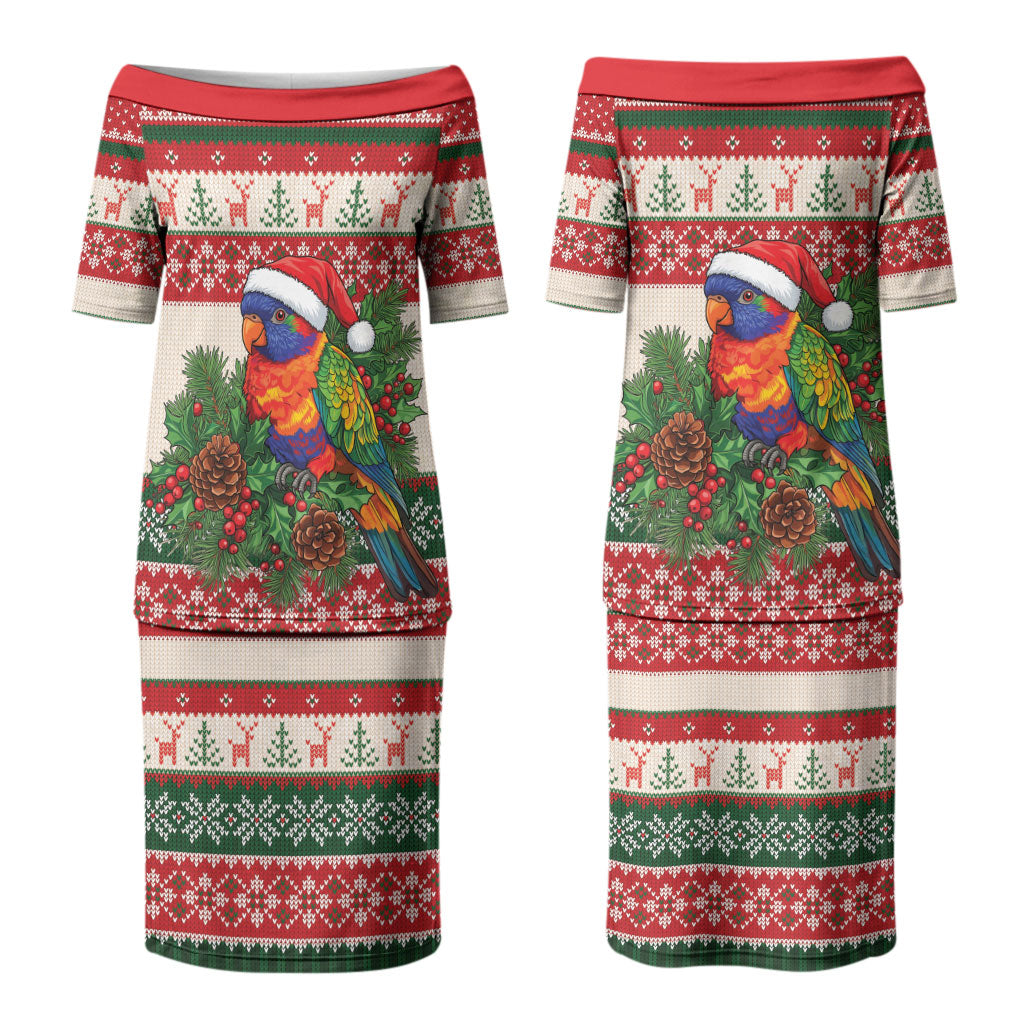 Aussie Rainbow Lorikeets Christmas Couples Matching Puletasi and Hawaiian Shirt Festive Knitted Pattern Inspired