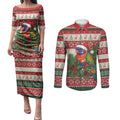 Aussie Rainbow Lorikeets Christmas Couples Matching Puletasi and Long Sleeve Button Shirt Festive Knitted Pattern Inspired