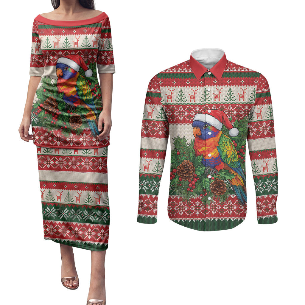 Aussie Rainbow Lorikeets Christmas Couples Matching Puletasi and Long Sleeve Button Shirt Festive Knitted Pattern Inspired