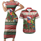 Aussie Rainbow Lorikeets Christmas Couples Matching Short Sleeve Bodycon Dress and Hawaiian Shirt Festive Knitted Pattern Inspired
