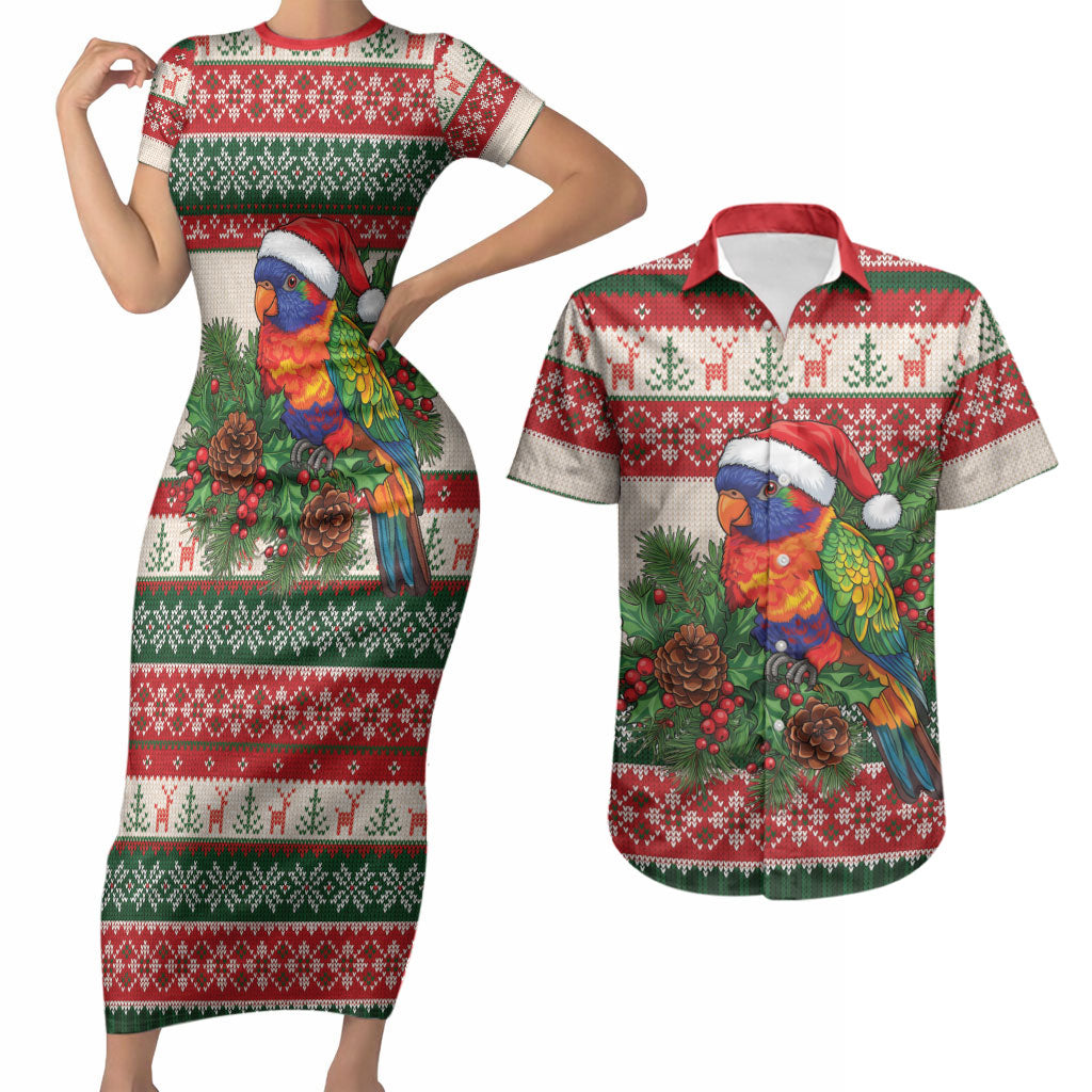Aussie Rainbow Lorikeets Christmas Couples Matching Short Sleeve Bodycon Dress and Hawaiian Shirt Festive Knitted Pattern Inspired