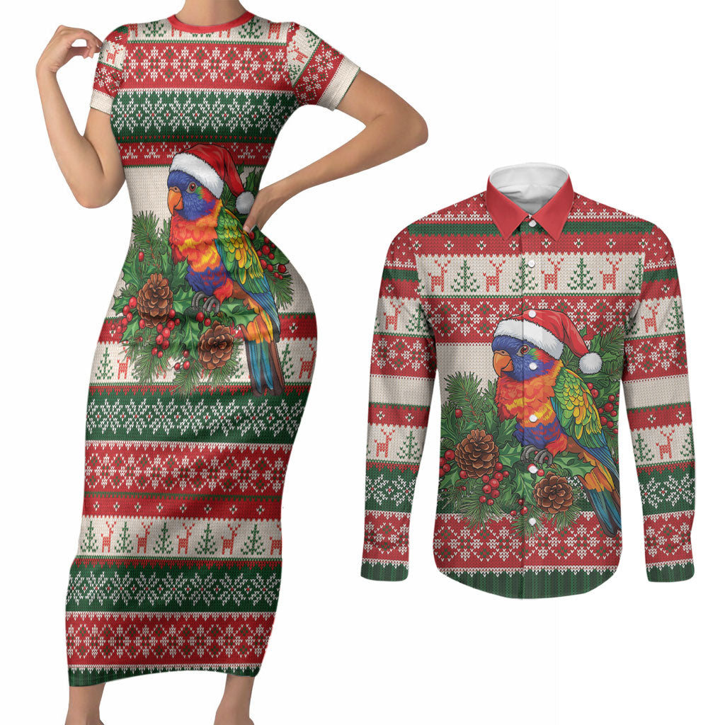 Aussie Rainbow Lorikeets Christmas Couples Matching Short Sleeve Bodycon Dress and Long Sleeve Button Shirt Festive Knitted Pattern Inspired