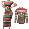 Aussie Rainbow Lorikeets Christmas Couples Matching Short Sleeve Bodycon Dress and Long Sleeve Button Shirt Festive Knitted Pattern Inspired