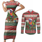 Aussie Rainbow Lorikeets Christmas Couples Matching Short Sleeve Bodycon Dress and Long Sleeve Button Shirt Festive Knitted Pattern Inspired