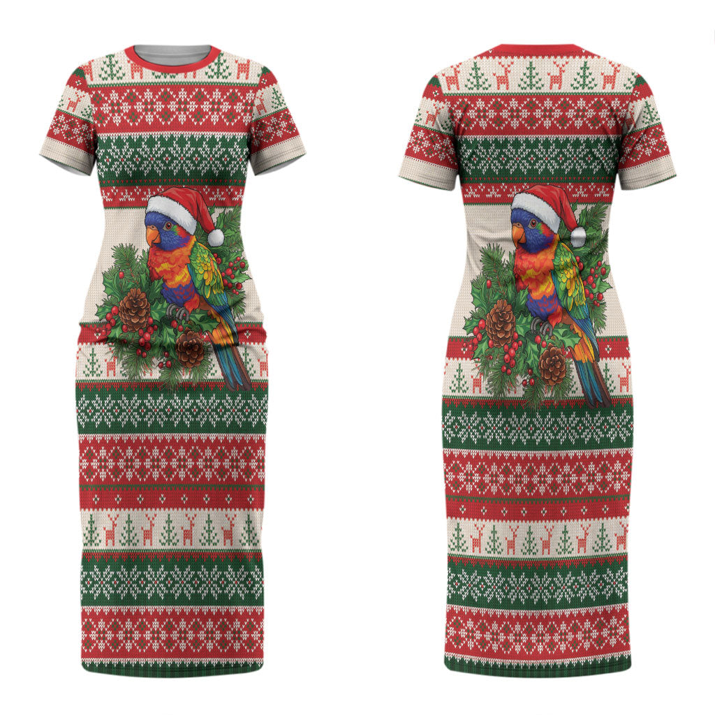 Aussie Rainbow Lorikeets Christmas Couples Matching Short Sleeve Bodycon Dress and Long Sleeve Button Shirt Festive Knitted Pattern Inspired