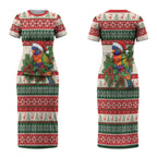 Aussie Rainbow Lorikeets Christmas Couples Matching Short Sleeve Bodycon Dress and Long Sleeve Button Shirt Festive Knitted Pattern Inspired