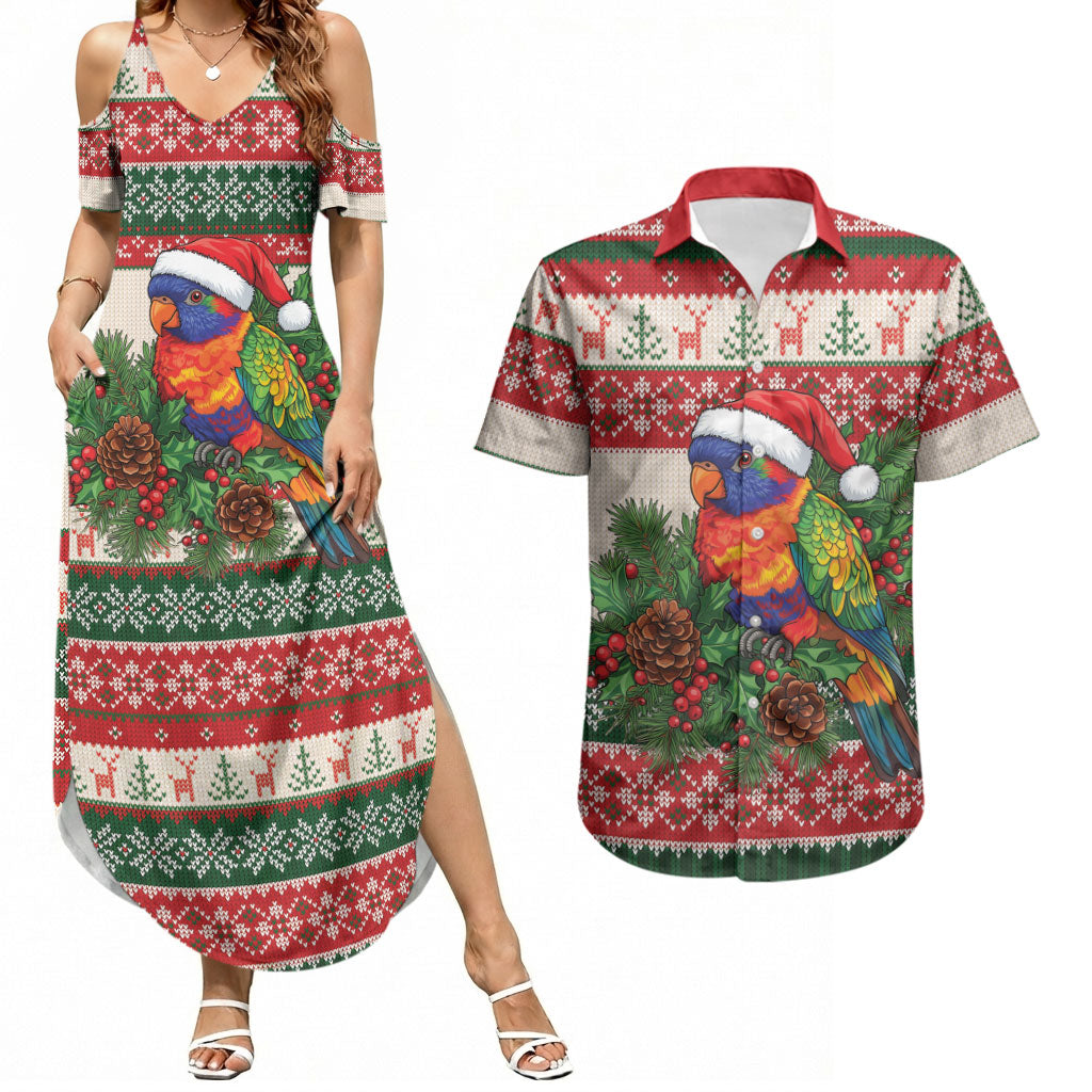 Aussie Rainbow Lorikeets Christmas Couples Matching Summer Maxi Dress and Hawaiian Shirt Festive Knitted Pattern Inspired