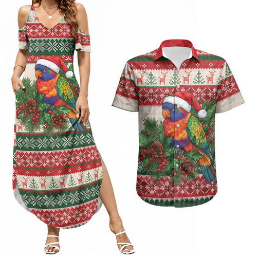 Aussie Rainbow Lorikeets Christmas Couples Matching Summer Maxi Dress and Hawaiian Shirt Festive Knitted Pattern Inspired