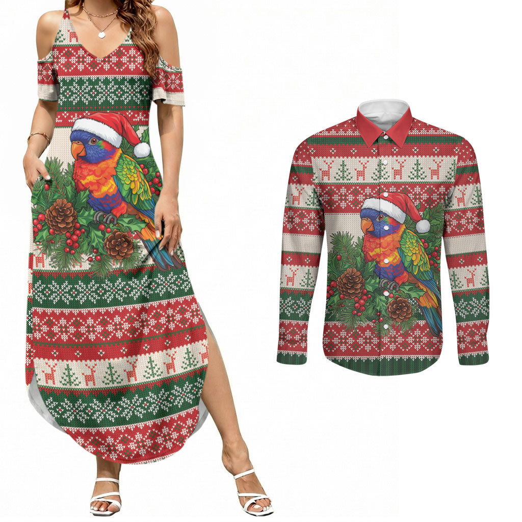 Aussie Rainbow Lorikeets Christmas Couples Matching Summer Maxi Dress and Long Sleeve Button Shirt Festive Knitted Pattern Inspired