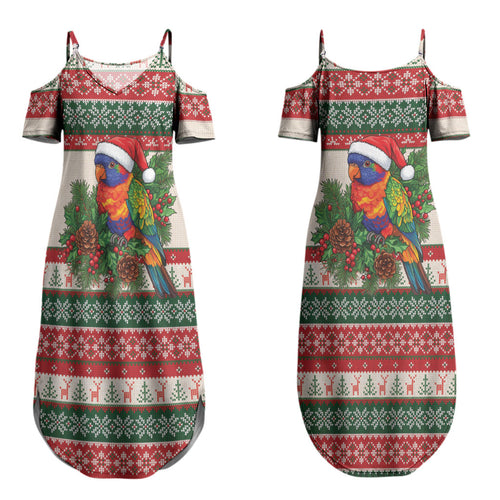 Aussie Rainbow Lorikeets Christmas Couples Matching Summer Maxi Dress and Long Sleeve Button Shirt Festive Knitted Pattern Inspired