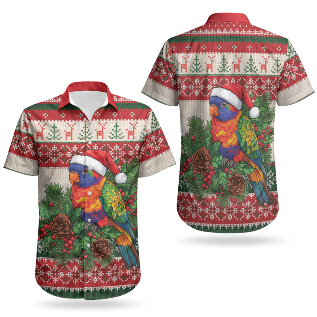 Aussie Rainbow Lorikeets Christmas Couples Matching Tank Maxi Dress and Hawaiian Shirt Festive Knitted Pattern Inspired