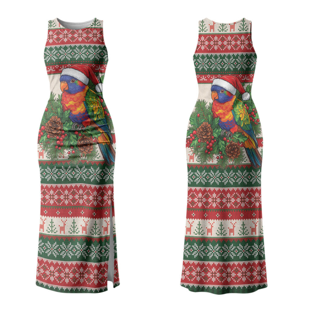 Aussie Rainbow Lorikeets Christmas Couples Matching Tank Maxi Dress and Hawaiian Shirt Festive Knitted Pattern Inspired