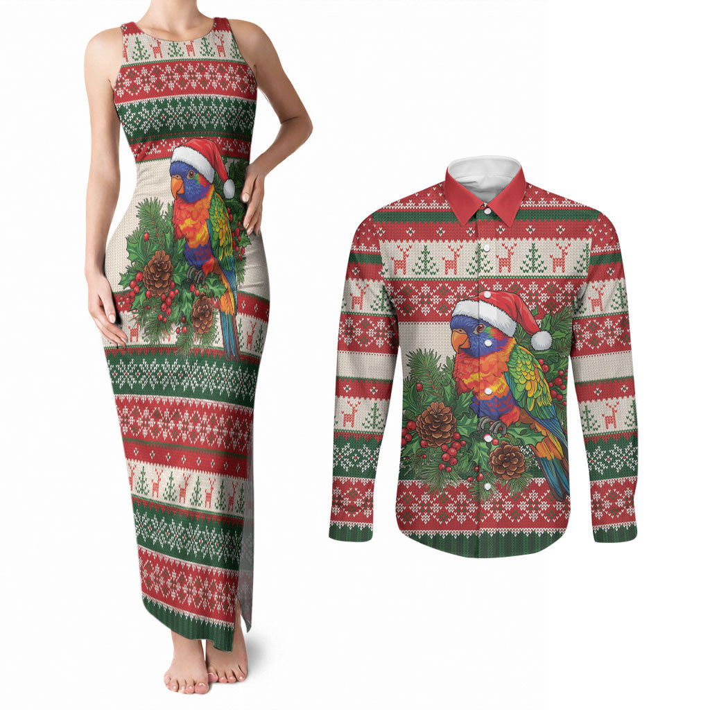 Aussie Rainbow Lorikeets Christmas Couples Matching Tank Maxi Dress and Long Sleeve Button Shirt Festive Knitted Pattern Inspired