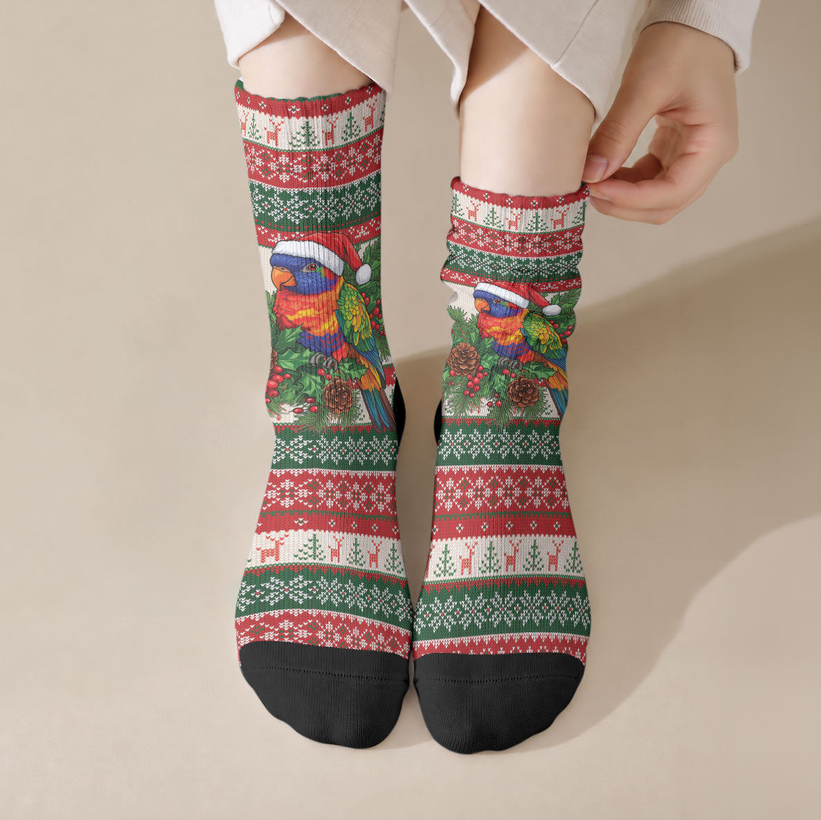 Aussie Rainbow Lorikeets Christmas Crew Socks Festive Knitted Pattern Inspired