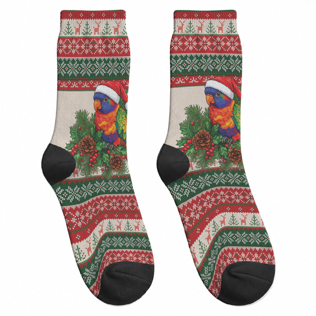 Aussie Rainbow Lorikeets Christmas Crew Socks Festive Knitted Pattern Inspired