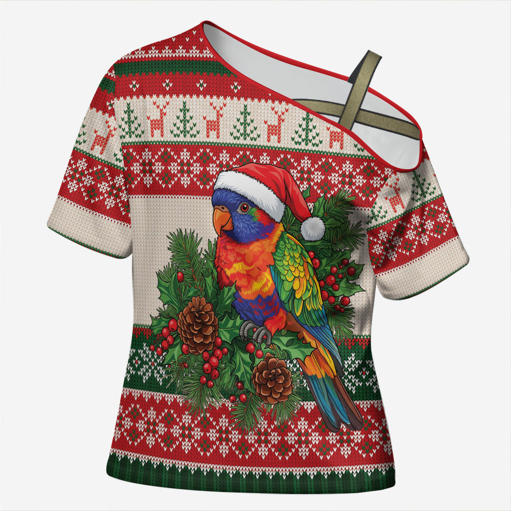 Aussie Rainbow Lorikeets Christmas Cross Shoulder Shirt Festive Knitted Pattern Inspired