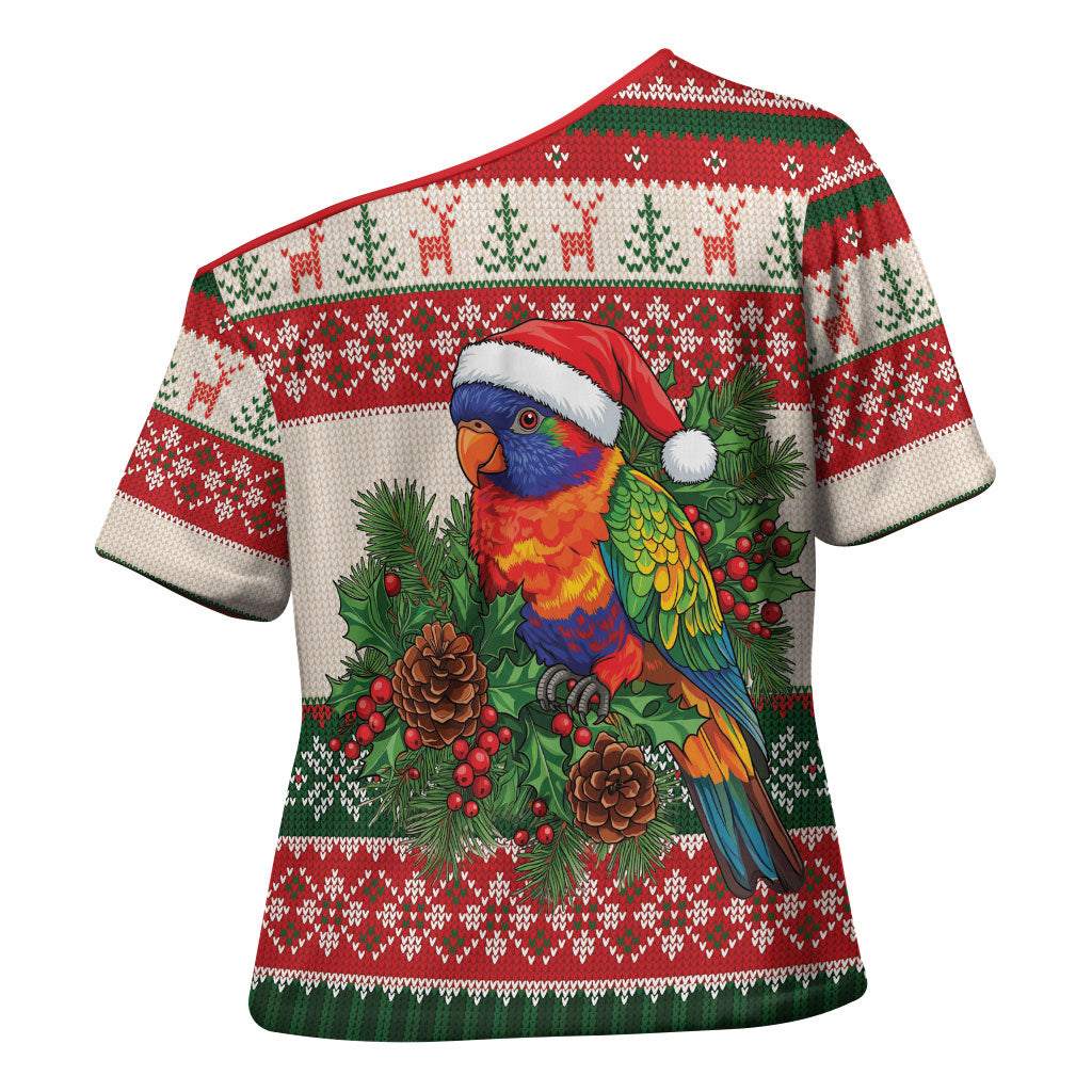 Aussie Rainbow Lorikeets Christmas Cross Shoulder Shirt Festive Knitted Pattern Inspired