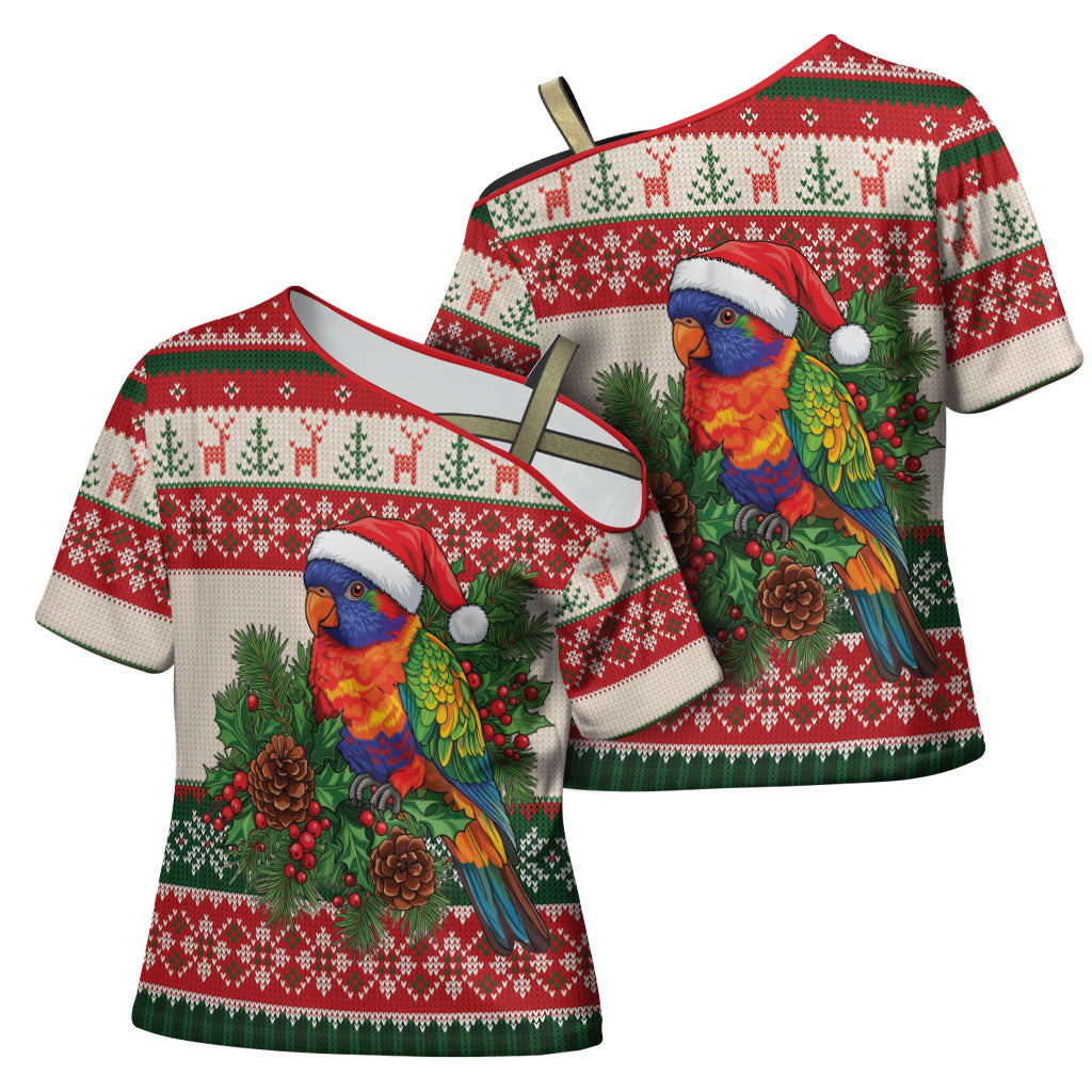 Aussie Rainbow Lorikeets Christmas Cross Shoulder Shirt Festive Knitted Pattern Inspired