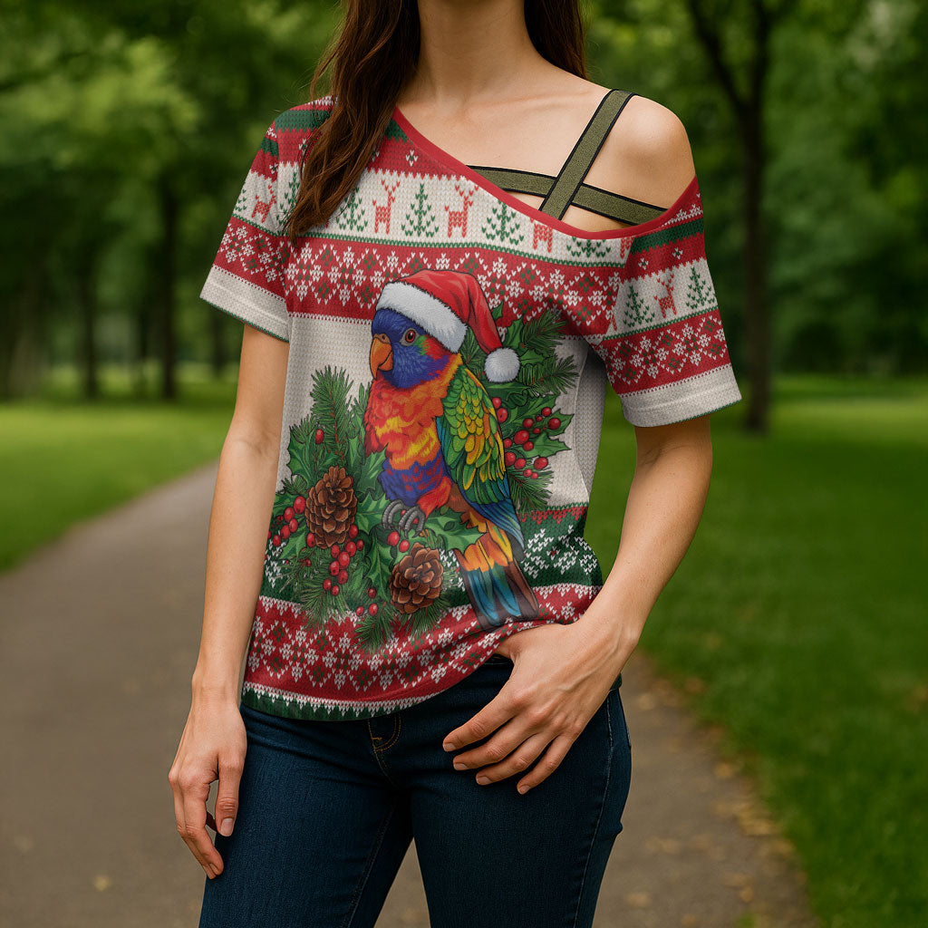 Aussie Rainbow Lorikeets Christmas Cross Shoulder Shirt Festive Knitted Pattern Inspired