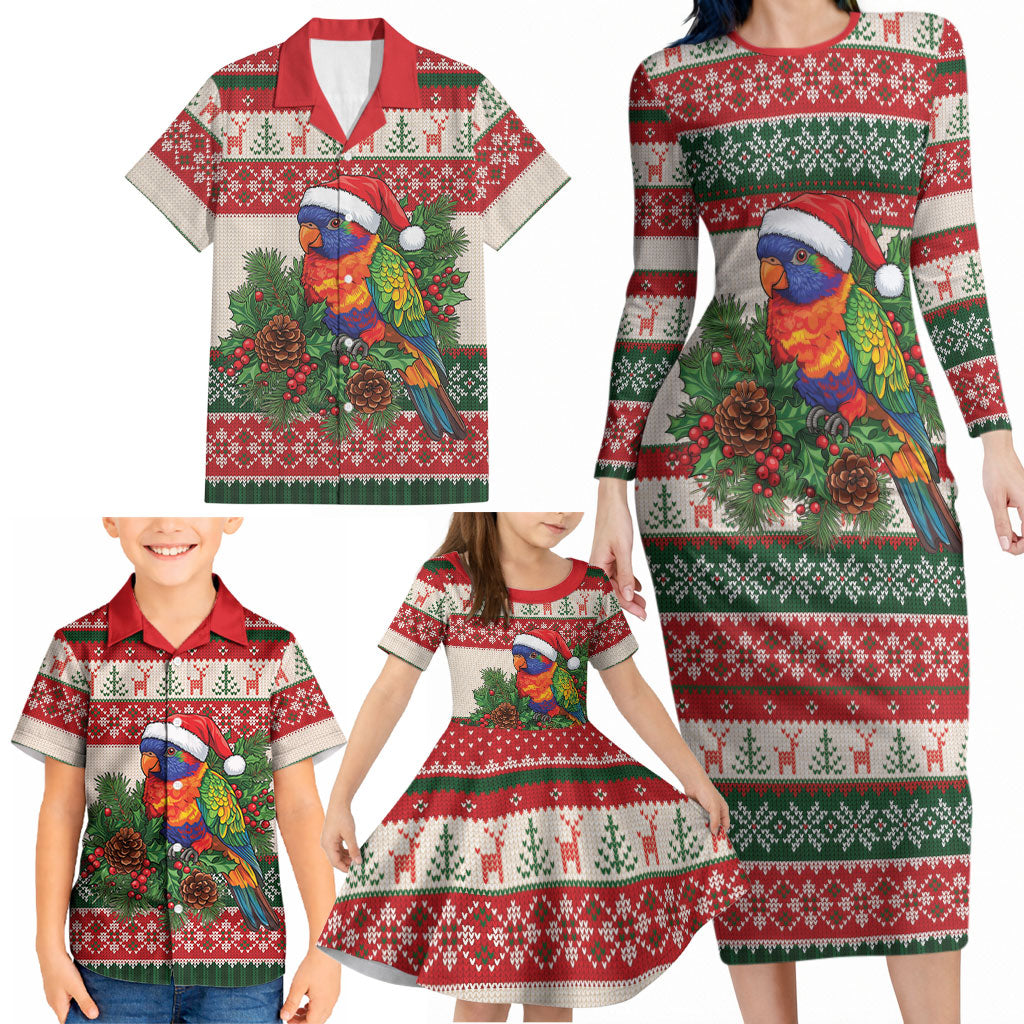Aussie Rainbow Lorikeets Christmas Family Matching Long Sleeve Bodycon Dress and Hawaiian Shirt Festive Knitted Pattern Inspired