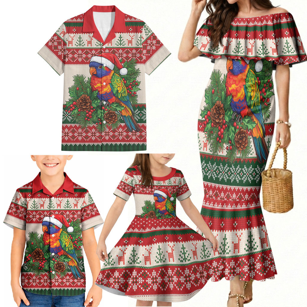 Aussie Rainbow Lorikeets Christmas Family Matching Mermaid Dress and Hawaiian Shirt Festive Knitted Pattern Inspired