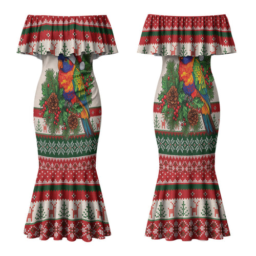 Aussie Rainbow Lorikeets Christmas Family Matching Mermaid Dress and Hawaiian Shirt Festive Knitted Pattern Inspired
