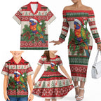 Aussie Rainbow Lorikeets Christmas Family Matching Off The Shoulder Long Sleeve Dress and Hawaiian Shirt Festive Knitted Pattern Inspired