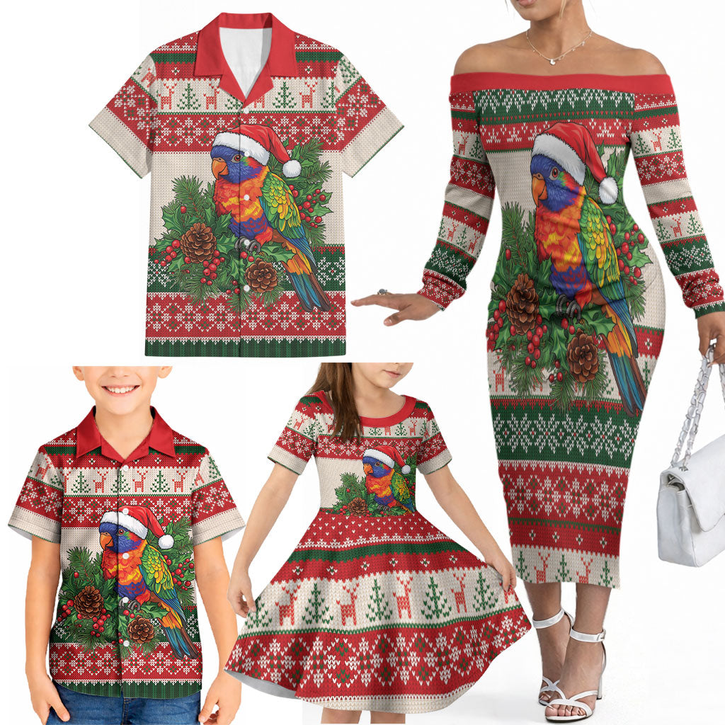 Aussie Rainbow Lorikeets Christmas Family Matching Off The Shoulder Long Sleeve Dress and Hawaiian Shirt Festive Knitted Pattern Inspired