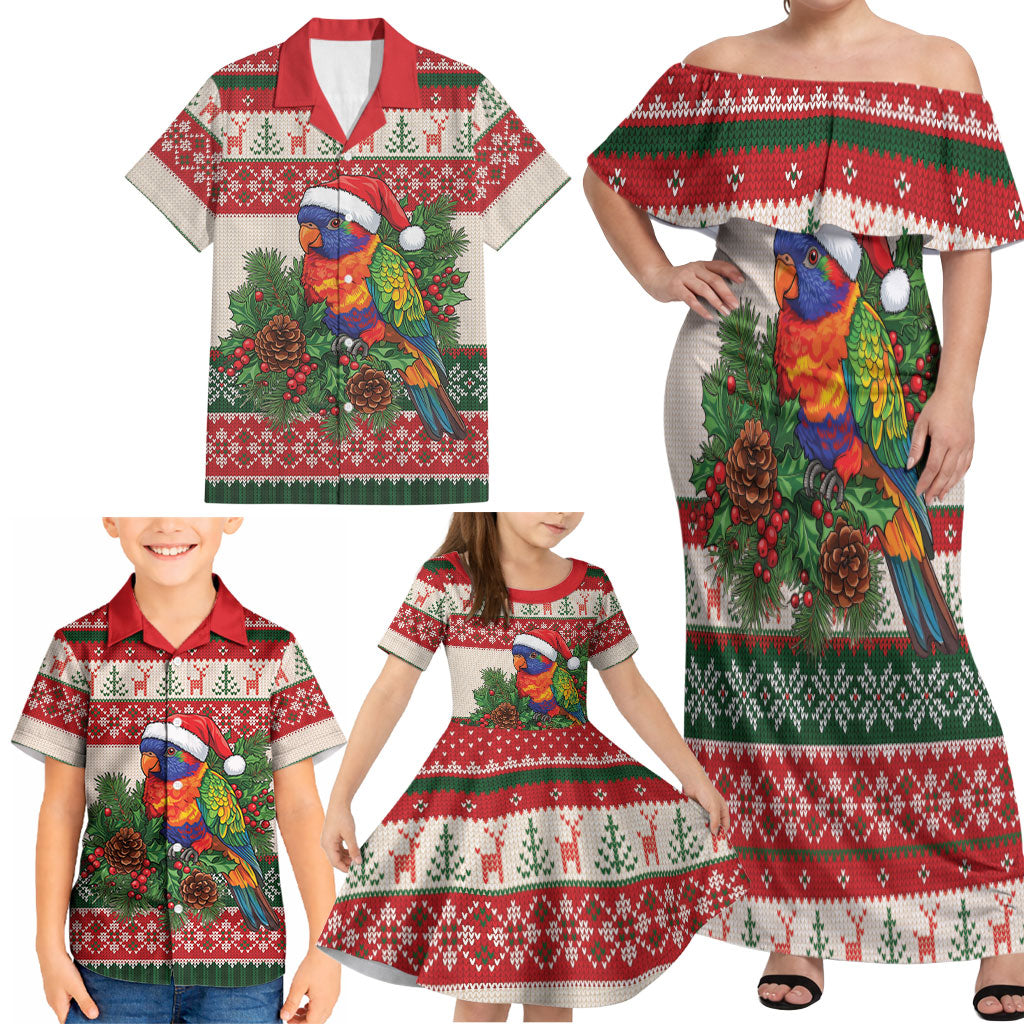 Aussie Rainbow Lorikeets Christmas Family Matching Off Shoulder Maxi Dress and Hawaiian Shirt Festive Knitted Pattern Inspired