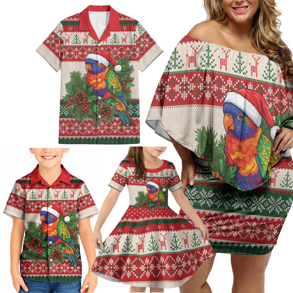Aussie Rainbow Lorikeets Christmas Family Matching Off Shoulder Short Dress and Hawaiian Shirt Festive Knitted Pattern Inspired