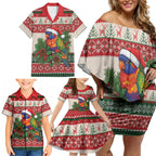 Aussie Rainbow Lorikeets Christmas Family Matching Off Shoulder Short Dress and Hawaiian Shirt Festive Knitted Pattern Inspired