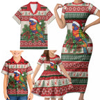 Aussie Rainbow Lorikeets Christmas Family Matching Short Sleeve Bodycon Dress and Hawaiian Shirt Festive Knitted Pattern Inspired