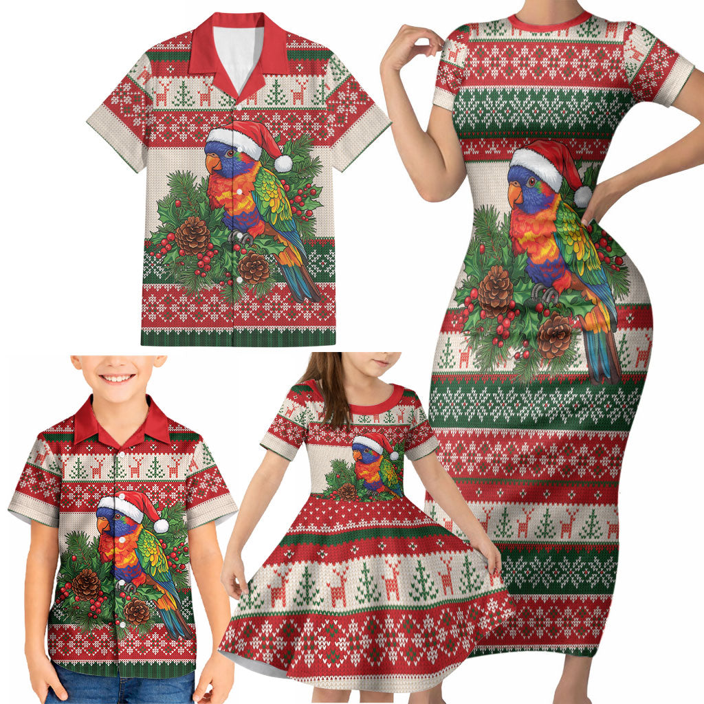 Aussie Rainbow Lorikeets Christmas Family Matching Short Sleeve Bodycon Dress and Hawaiian Shirt Festive Knitted Pattern Inspired