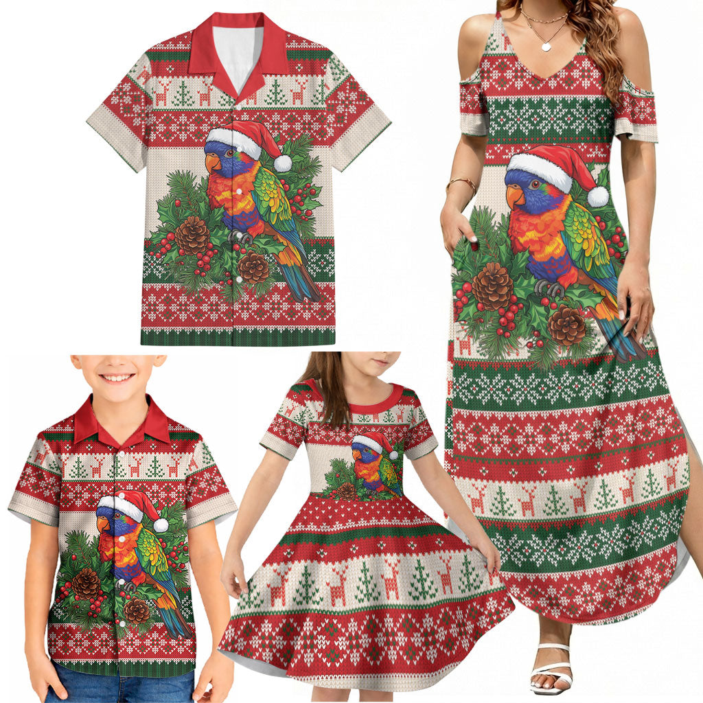 Aussie Rainbow Lorikeets Christmas Family Matching Summer Maxi Dress and Hawaiian Shirt Festive Knitted Pattern Inspired