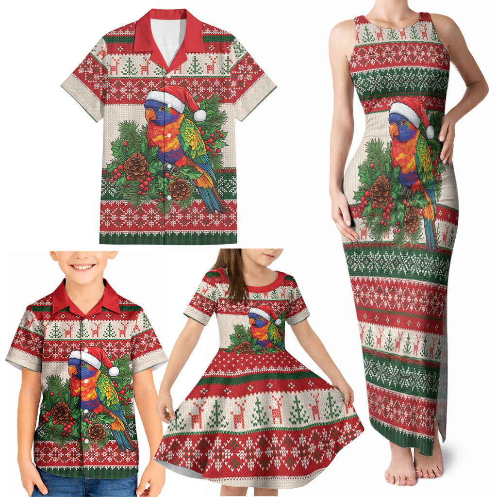 Aussie Rainbow Lorikeets Christmas Family Matching Tank Maxi Dress and Hawaiian Shirt Festive Knitted Pattern Inspired