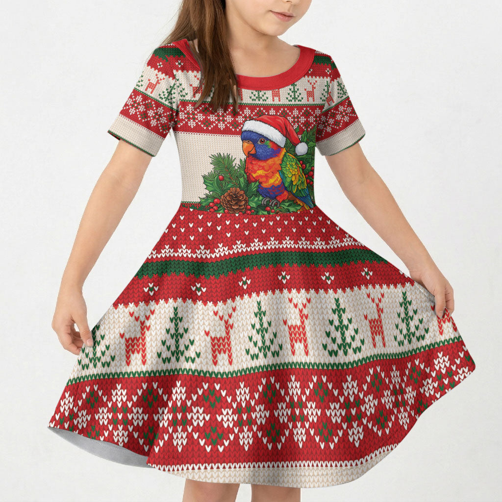 Aussie Rainbow Lorikeets Christmas Kid Short Sleeve Dress Festive Knitted Pattern Inspired