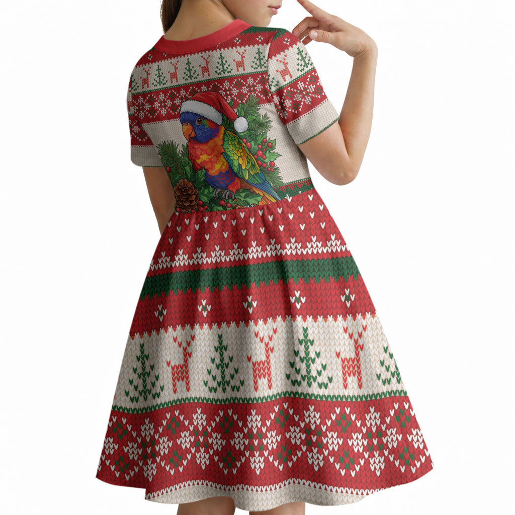 Aussie Rainbow Lorikeets Christmas Kid Short Sleeve Dress Festive Knitted Pattern Inspired