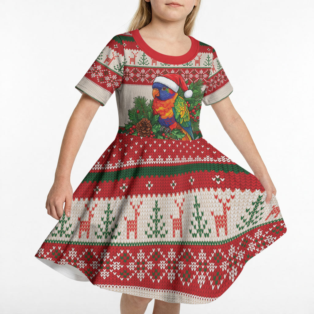 Aussie Rainbow Lorikeets Christmas Kid Short Sleeve Dress Festive Knitted Pattern Inspired