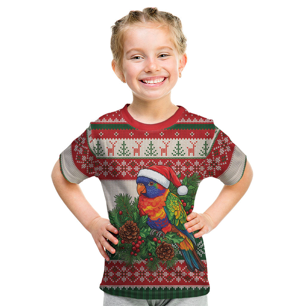 Aussie Rainbow Lorikeets Christmas Kid T Shirt Festive Knitted Pattern Inspired