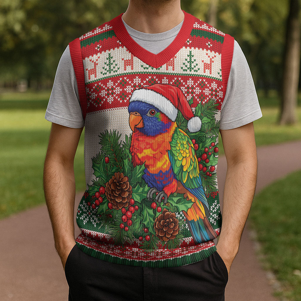 Aussie Rainbow Lorikeets Christmas Knitted V-Neck Vest Festive Knitted Pattern Inspired