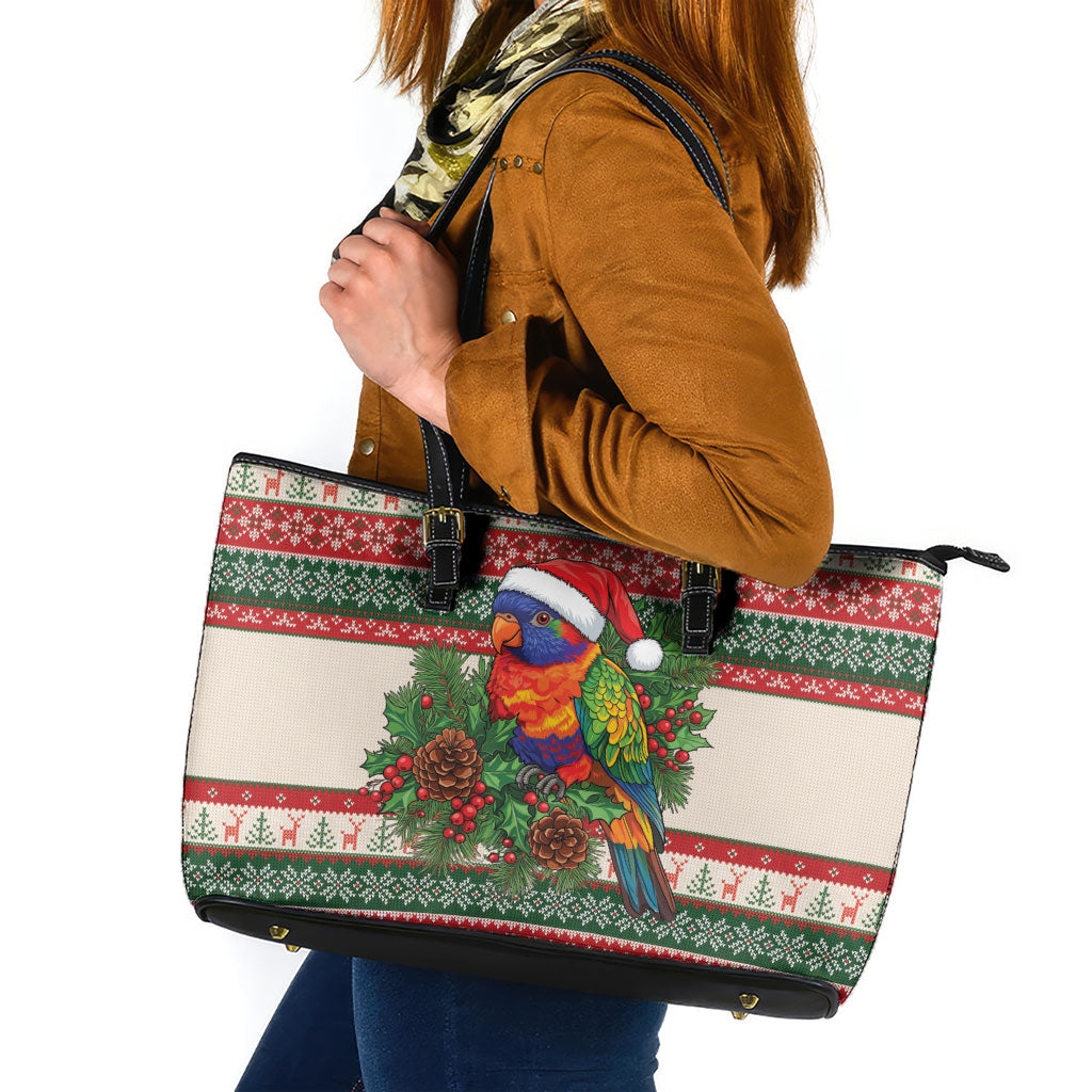 Aussie Rainbow Lorikeets Christmas Leather Tote Bag Festive Knitted Pattern Inspired