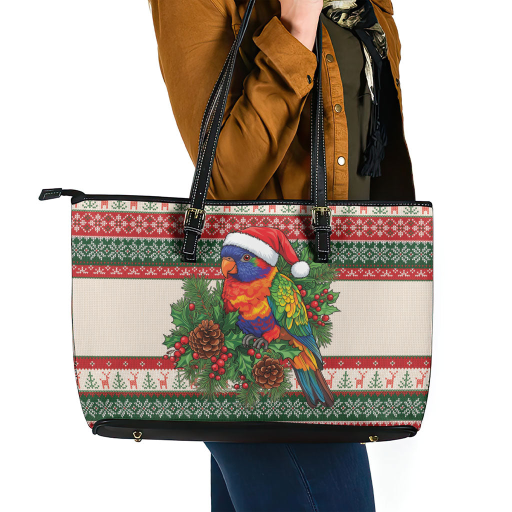 Aussie Rainbow Lorikeets Christmas Leather Tote Bag Festive Knitted Pattern Inspired