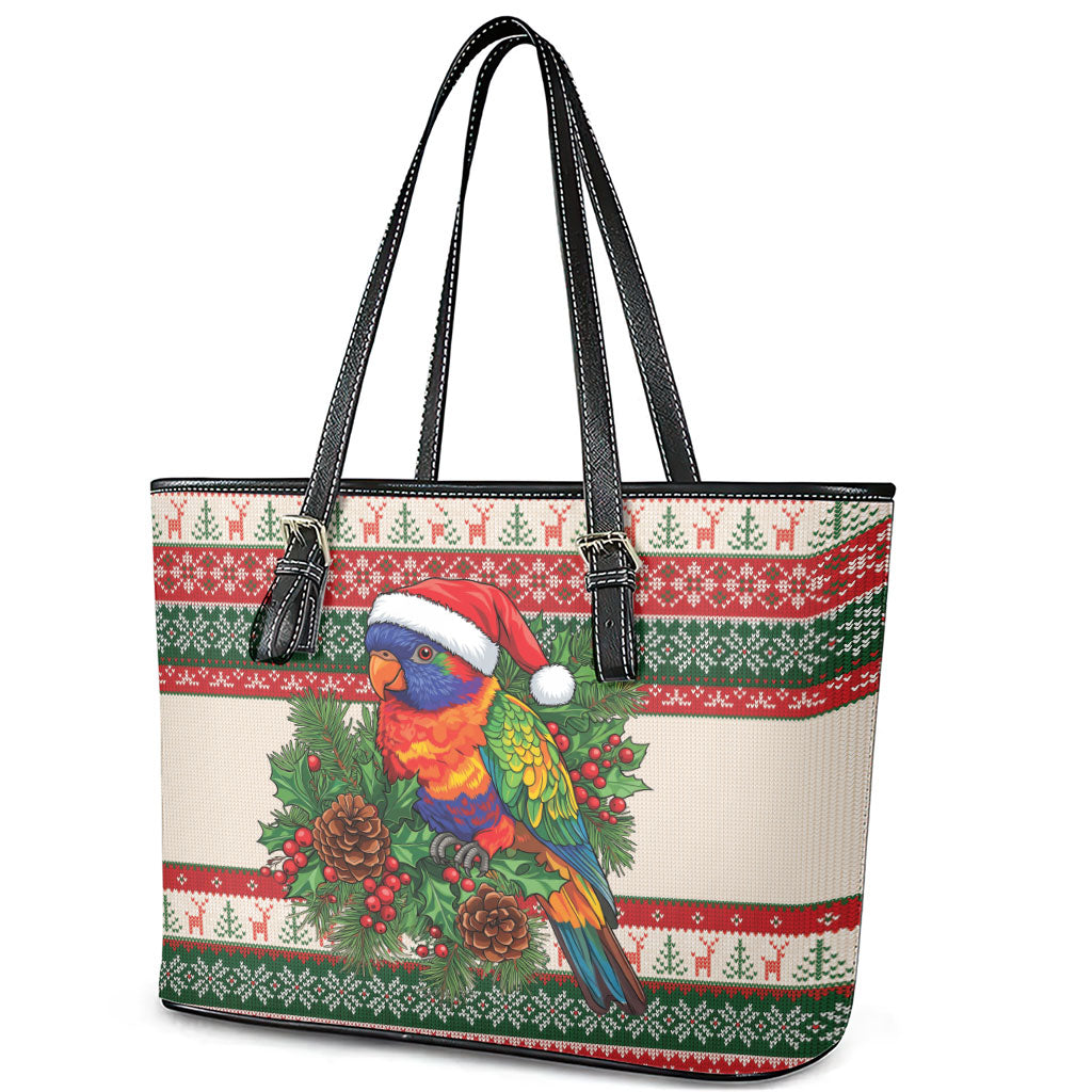 Aussie Rainbow Lorikeets Christmas Leather Tote Bag Festive Knitted Pattern Inspired