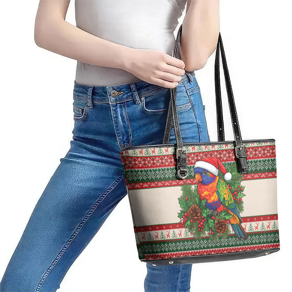 Aussie Rainbow Lorikeets Christmas Leather Tote Bag Festive Knitted Pattern Inspired