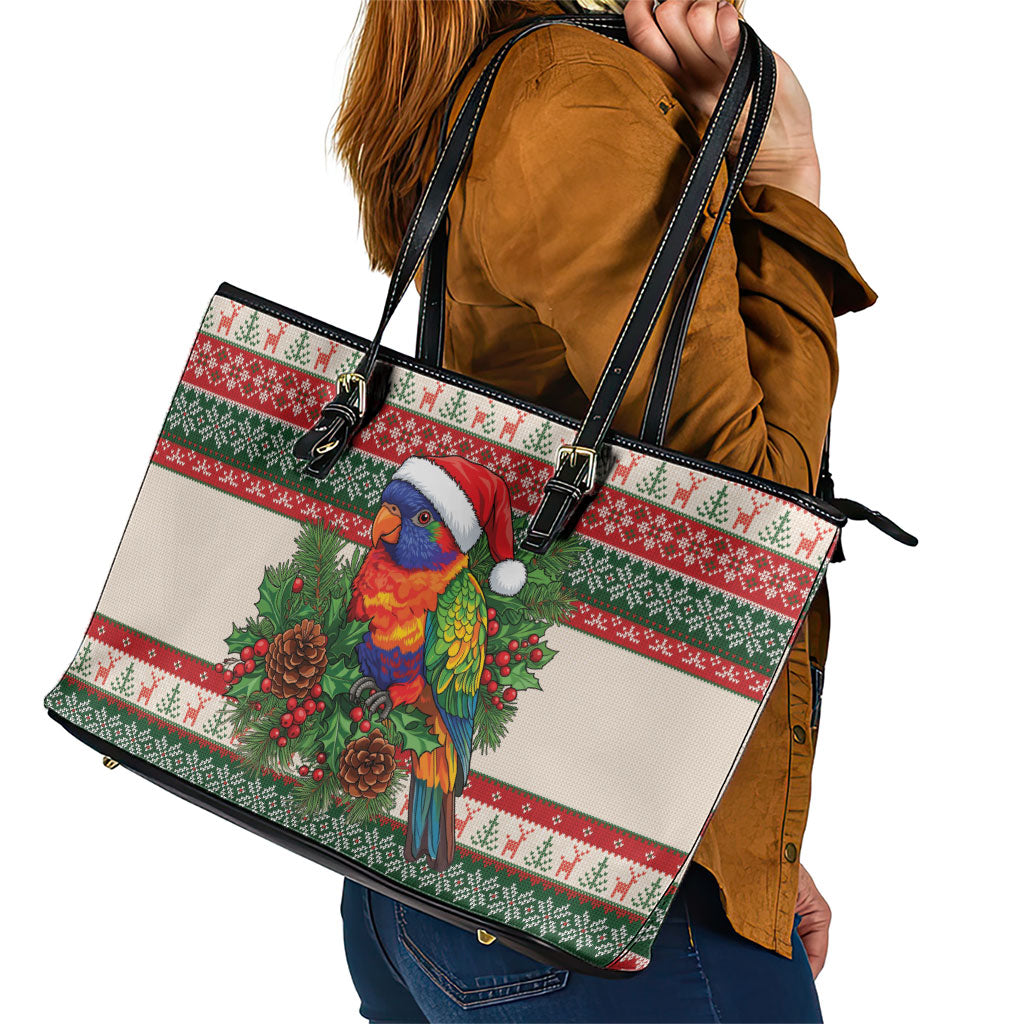 Aussie Rainbow Lorikeets Christmas Leather Tote Bag Festive Knitted Pattern Inspired
