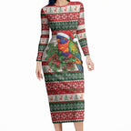 Aussie Rainbow Lorikeets Christmas Long Sleeve Bodycon Dress Festive Knitted Pattern Inspired