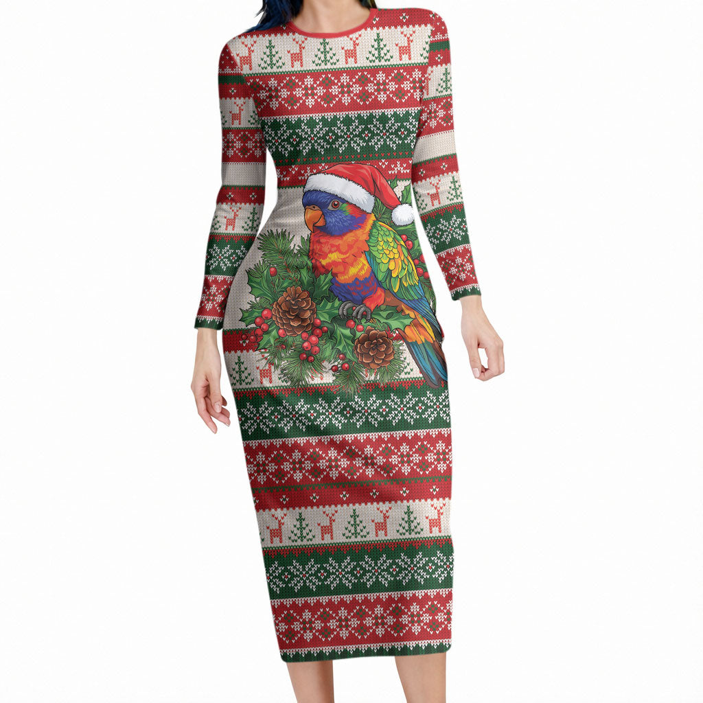 Aussie Rainbow Lorikeets Christmas Long Sleeve Bodycon Dress Festive Knitted Pattern Inspired
