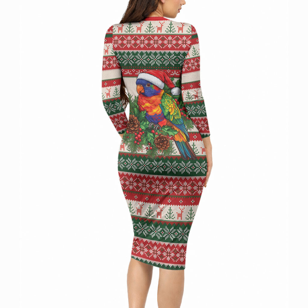 Aussie Rainbow Lorikeets Christmas Long Sleeve Bodycon Dress Festive Knitted Pattern Inspired